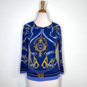 J. McLaughlin Womens Blue Print 3/4 Sleeve Top Size S Chain Equestrian‎